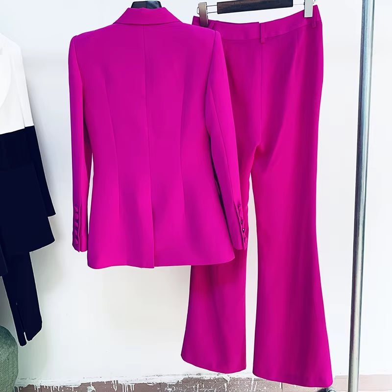 HIGH QUALITY Newest 2025 Runway Designer Suit Set Women'S Single Button Blazer Flare Pants Suit Fluorescent Purple