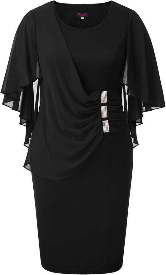 Women'S plus Size Chiffon Ruffle Flattering Cape Sleeve Bodycon Pencil Dress