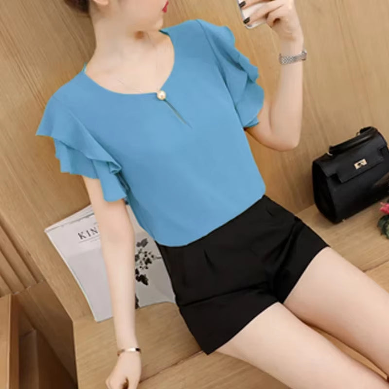 Summer Short Sleeve White Blouse Shirt Blouse Women 2025 O-Neck Chiffon Blouse Shirt Blouse Women Tops Blouses D198