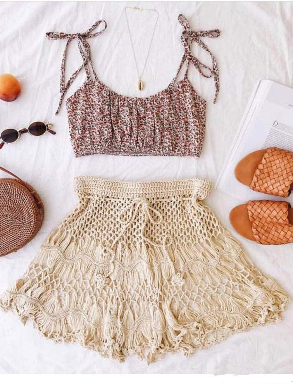 Crochet Cover up Skirt, See through Sexy Cover Ups for Swimwear Women, Net High Waist Coverup Beige Large