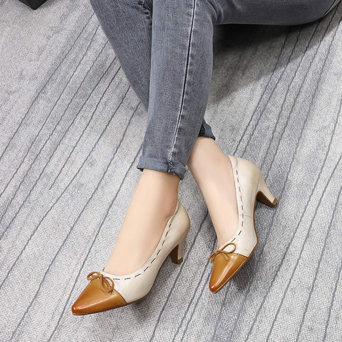 Womens Leather Elegant Pointed Toe Bowknot Pumps Ladies Kitten Heels Dressy Casual Office Work Shoes