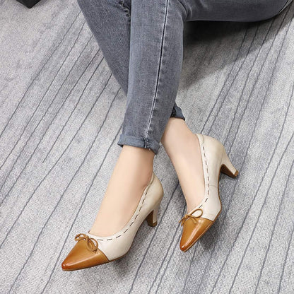 Womens Leather Elegant Pointed Toe Bowknot Pumps Ladies Kitten Heels Dressy Casual Office Work Shoes