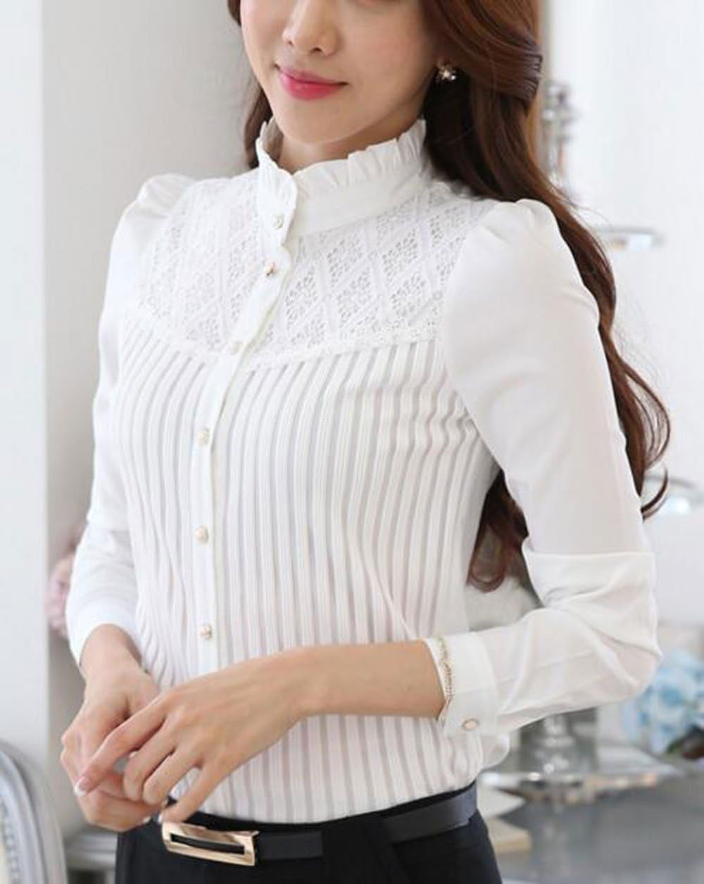 Womens Vintage Victorian Pleated Button down Shirt Long Sleeve Stretch Blouse