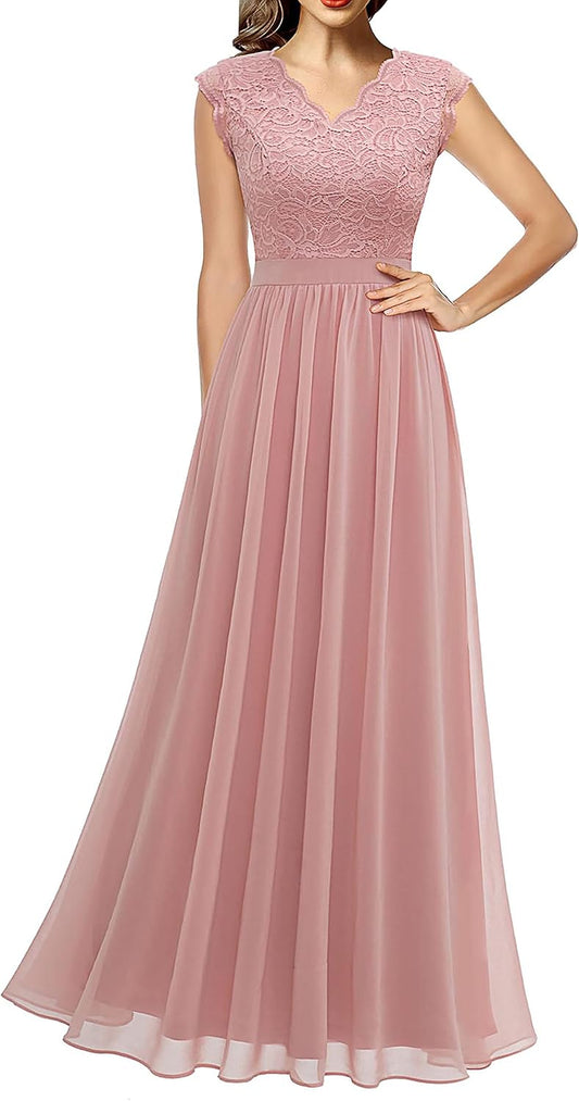 Women'S V Neck Sleeveless Lace Bridesmaid Dress Wedding Party Gown