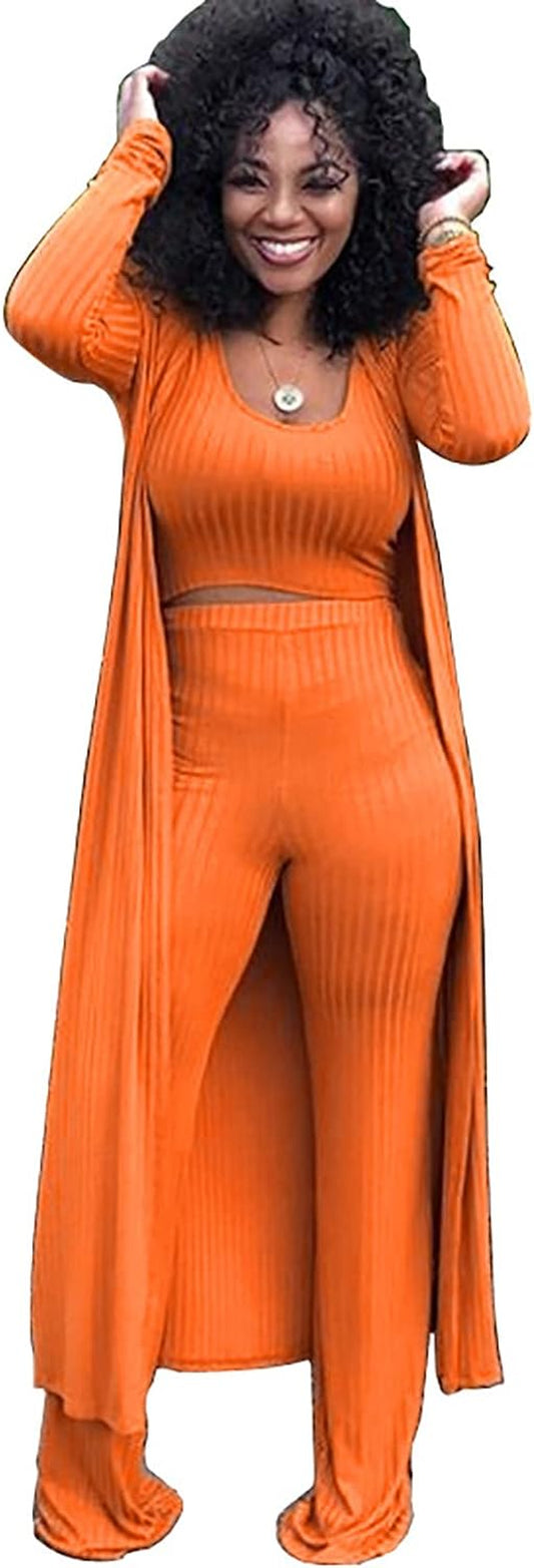 3 Piece Lounge Sets for Women - Ribbed Crop Top and Bodycon Pants Set with Long Kimono Cardigan Cover up Orange Small