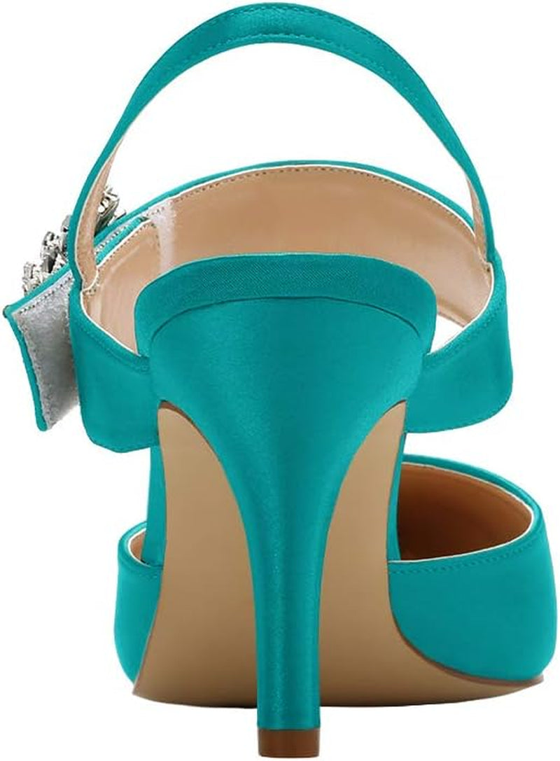 Mid Heel Shoes for Women Pointed Toe Slingback Rhinestone Brooch Satin Dress Pumps Evening Prom Wedding Shoes
