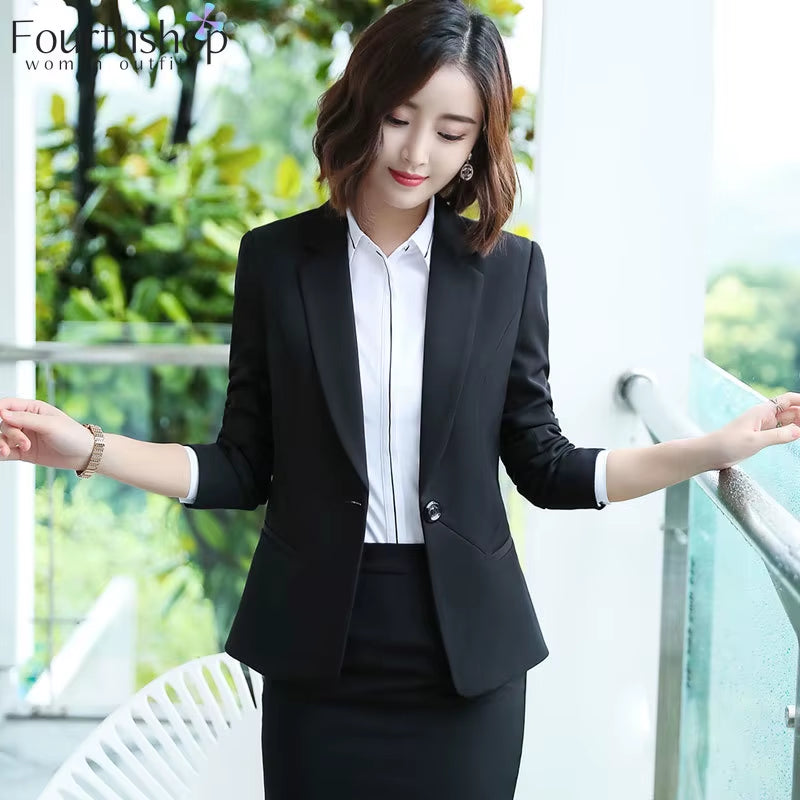 Two Piece Set Women Business Suits Black and Grey Elegant Office Lady Work Formal Pants Suits Female Autumn Winter Clothes 2023