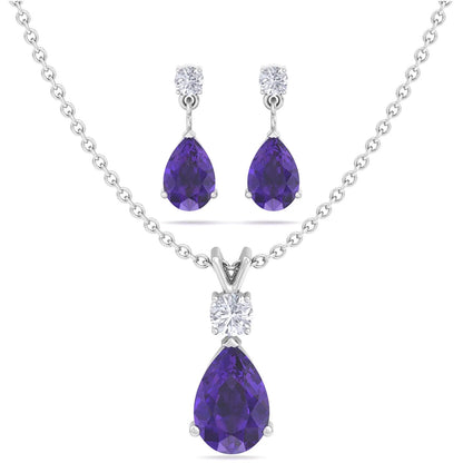 Jewelry Set for Women, Natural Pear Shaped 7X5Mm Opal and 3Mm Created Emerald Pendant Necklace and Matching Pear Shaped Opal and Emerald Stud Earrings