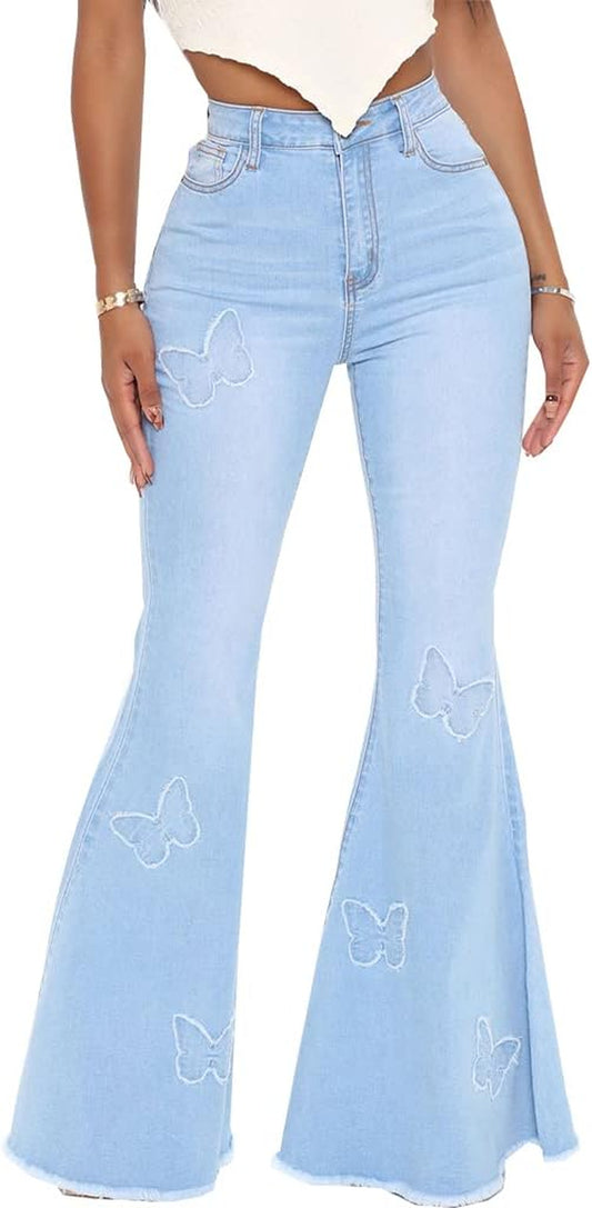 Bell Bottom Jeans for Women Butterfly Embroidery High Waisted Flare Jeans Ripped Hole Classic Denim Flare Pants