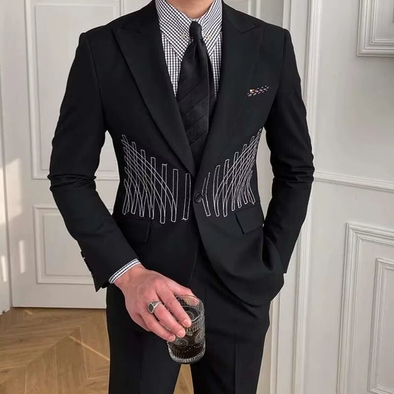 2023 High Quality Embroidery Patterns Suit Two Piece Wedding Party Suit Groom Banquet Suit Slim Costume Homme Mariage