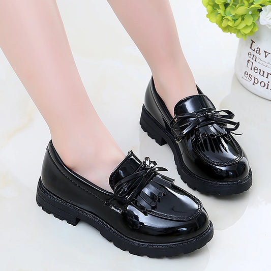 Kids Girls Slip on Leather Loafer Tassel Bow Flat School Dress Shoes for Girls Black Children Casual Small Leather Shoes Indoor Outdoor Wear