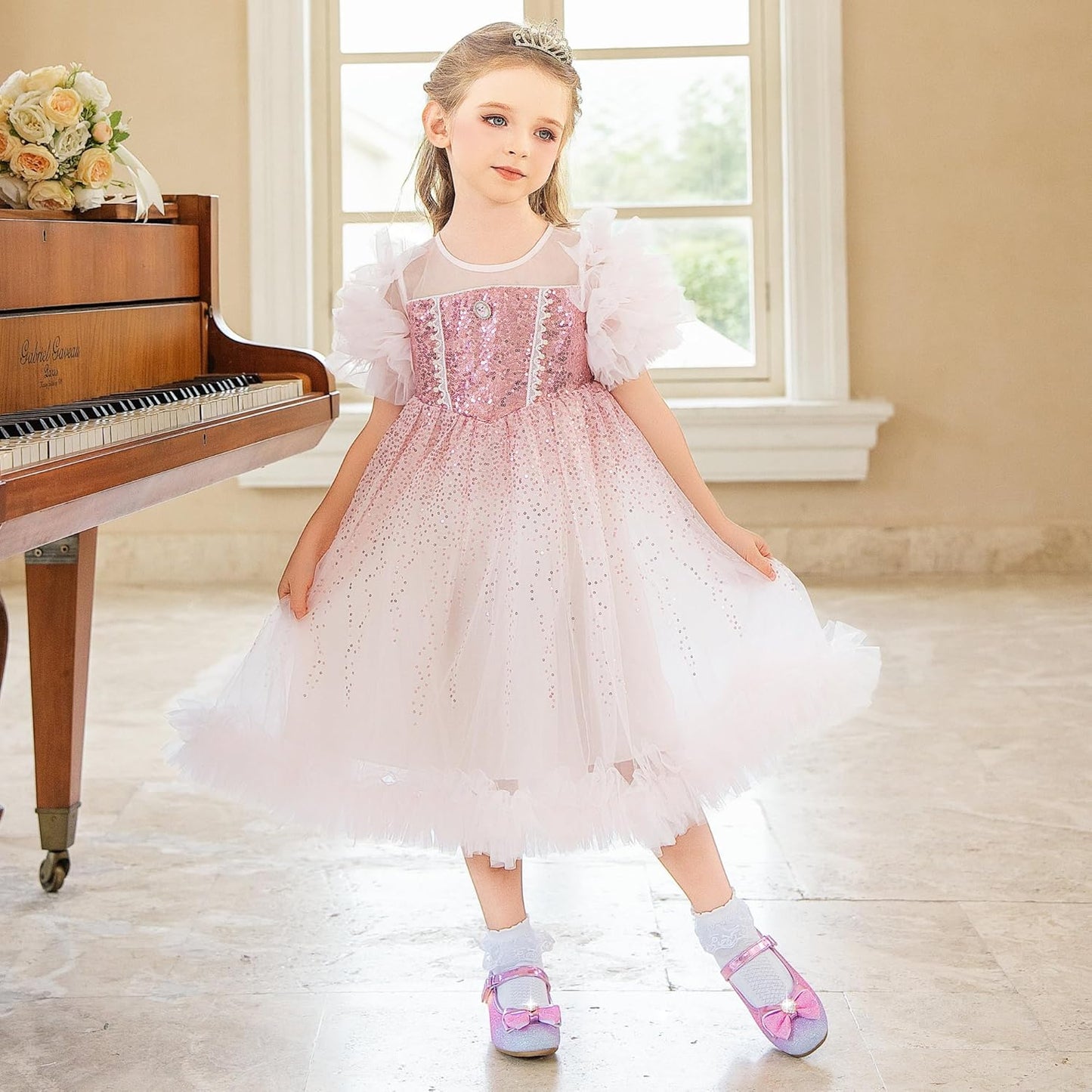 Girls Dress Shoes Mary Jane Wedding Flower Bridesmaids Heels Glitter Princess Shoes for Kids Toddler
