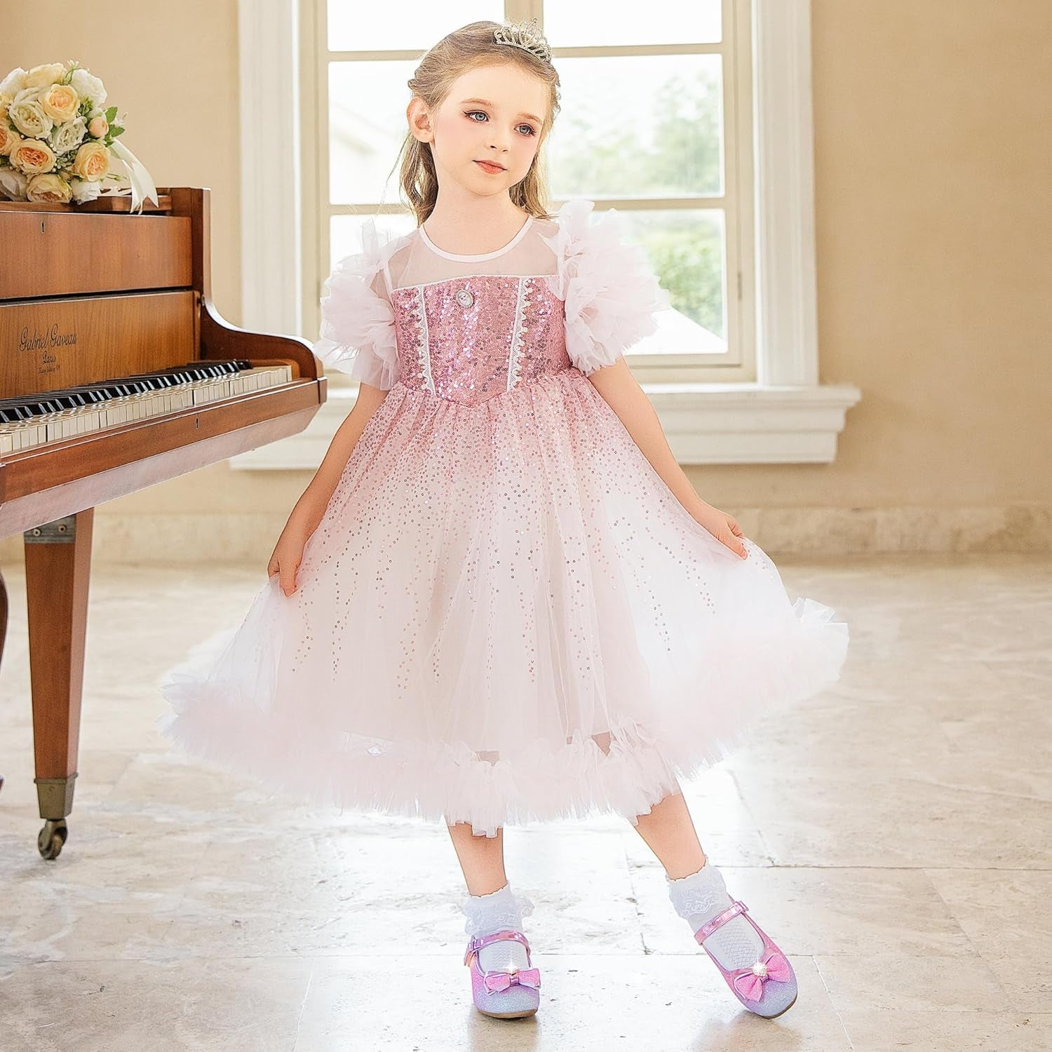 Girls Dress Shoes Mary Jane Wedding Flower Bridesmaids Heels Glitter Princess Shoes for Kids Toddler