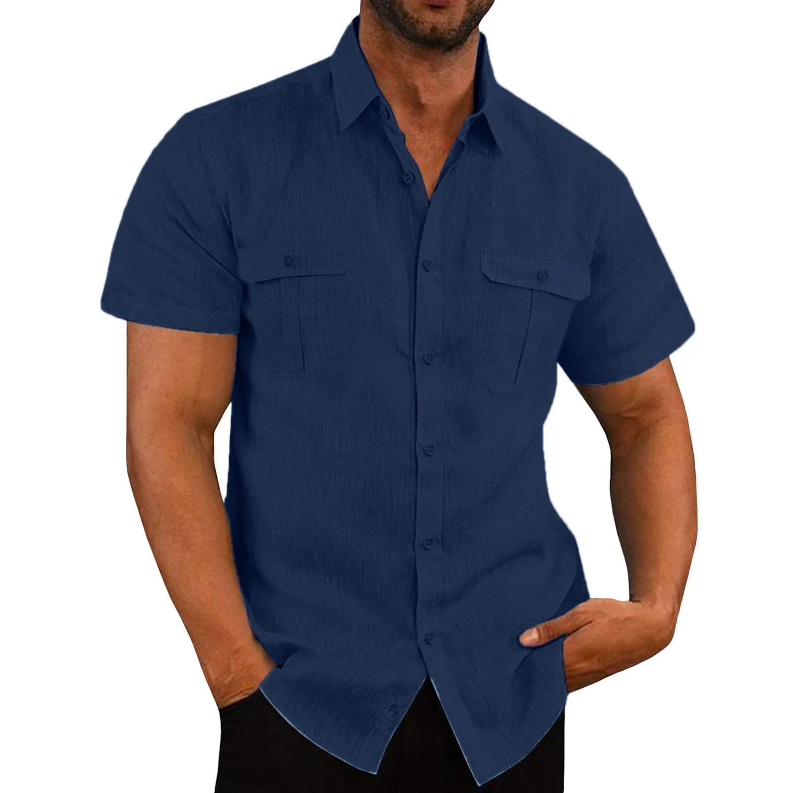 Mens Short Sleeve Classic Shirts Fishing Casual Regular-Fit Button-Up Collared Plaid Double Pocket Dress Shirt Top Tees Blouses Men Short Sleeve Shirts Button up Clearance Beach Wedding Shirt M-5XL