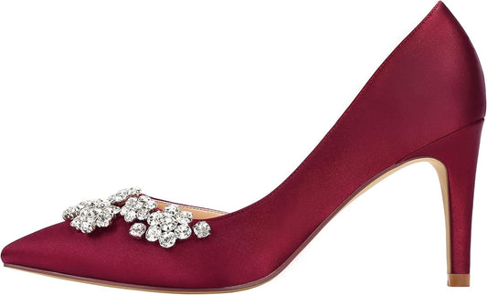 Pointy Toe Mid Heels Pumps Rhinestones Evening Party D’Orsay Satin Shoes for Women