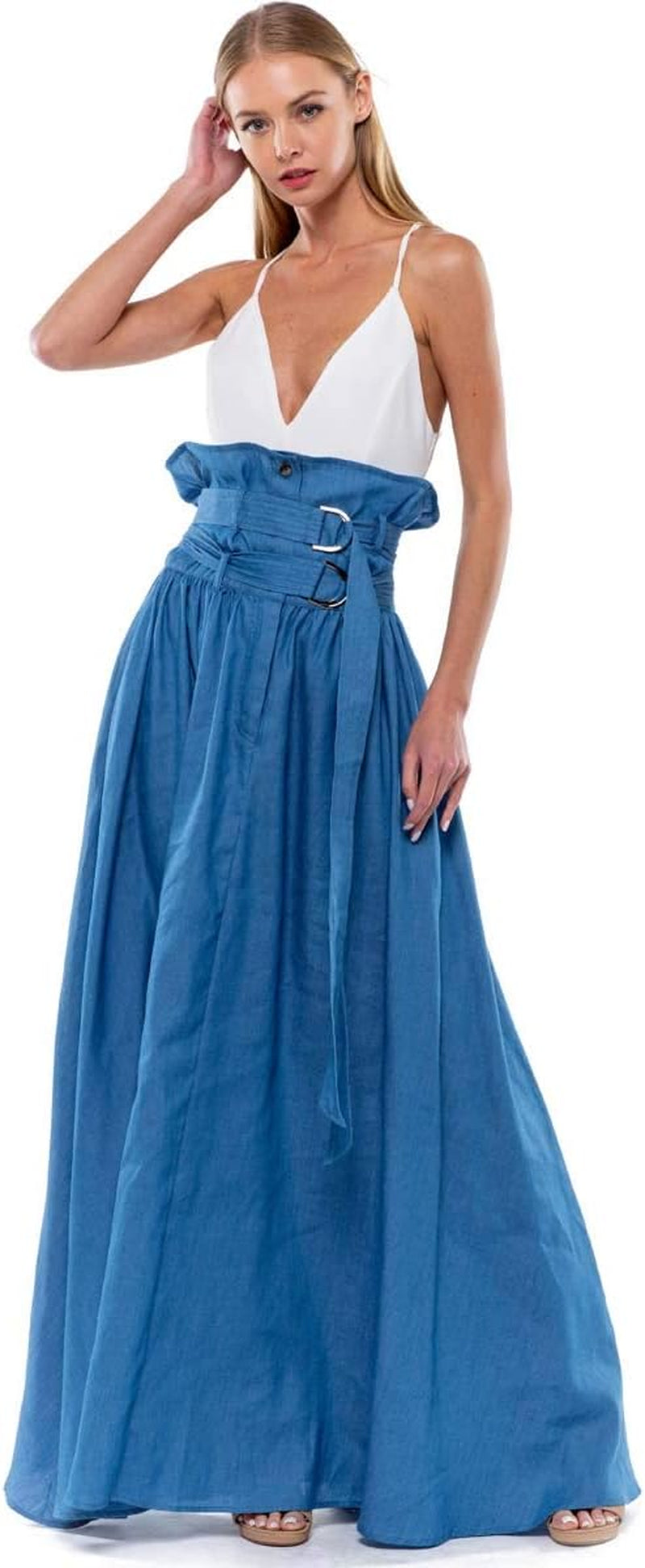 Women'S Double Belted High Waist Maxi Jean Skirt