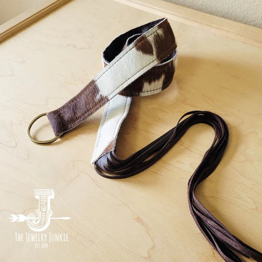 Hair-On-Hide Brown & White Leather Belt W/ Fringe