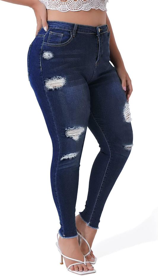 plus Jeans for Women Stretch plus Jeans Distressed Ripped Skinny Denim Stretch Slim Length Jeans Pants