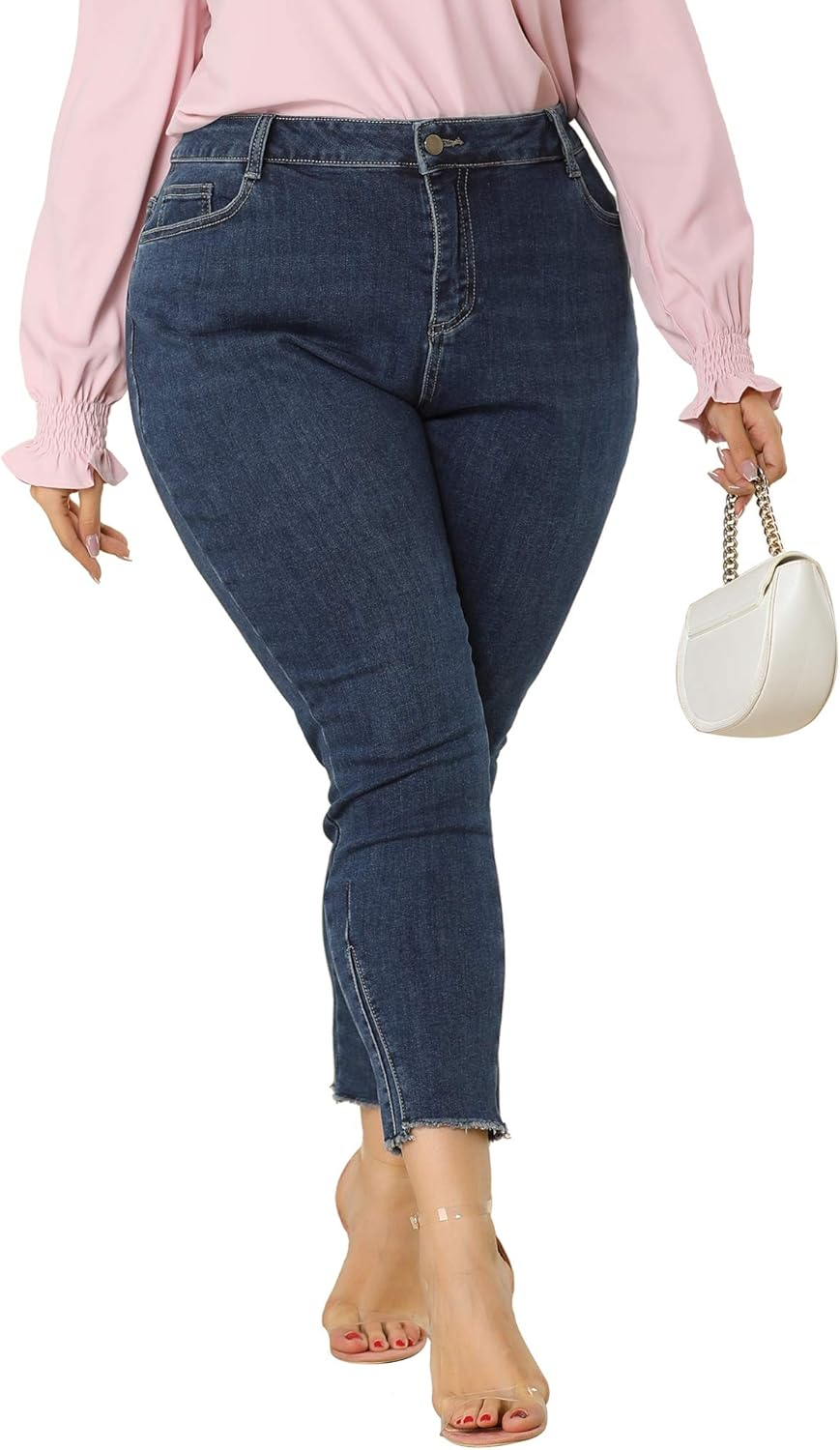 plus Size Jeans for Women Frayed Hem Stretchy Mid-Rise Skinny Ankle Jean 4X Blue